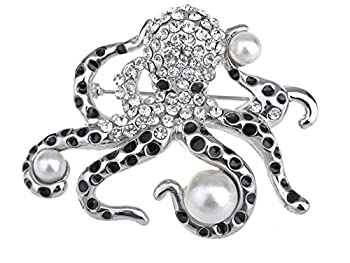 【中古】【輸入品・未使用】Alilang Silver Tone Faux Pearl Clear Crystal Coloured Rhinestones Octopus Brooch Pin