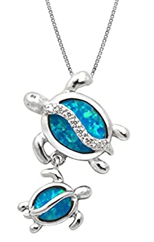 【中古】【輸入品・未使用】Mom and Baby Turtle Silver Blue Opal Necklace Pendant with Chain