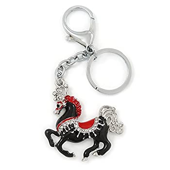 【中古】【輸入品・未使用】ロジウムメッキ ブラック レッド エナメル クリスタル 馬 キーリング バッグチャーム 長さ10cm