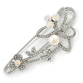 【中古】【輸入品・未使用】Large Crystal%ｶﾝﾏ% Pearl Floral Safety Pin In Rhodium Plating - 10cm L