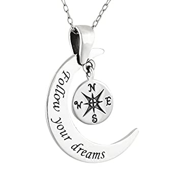 【中古】【輸入品・未使用】FashionJunkie4Life スターリングシルバー Follow Your Dreams 三日月 コンパスペンダントネックレス 18インチチェーン