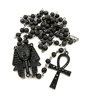 【中古】【輸入品・未使用】エジプトファラオKing Tut & Pave Ankh 6?mm 30?%ダブルクォーテ%ラバストーンビーズロザリオネックレスジェットブラックカラー