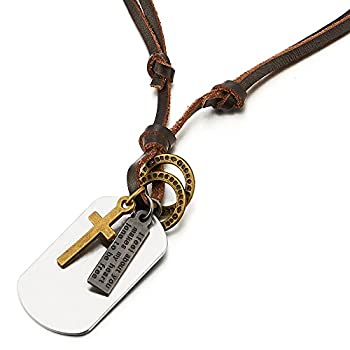 【中古】【輸入品・未使用】Cross Dog Tag Pendant Necklace for Men Boys with Adjustable Brown Leather Cord