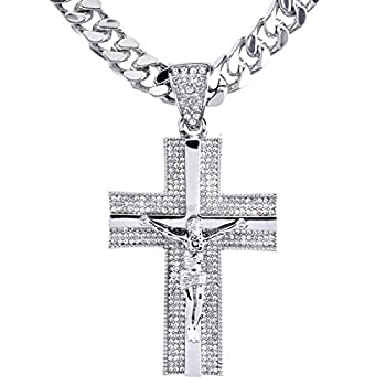 【中古】【輸入品・未使用】新しいメンズ14?Kゴールド&シルバーPlated Iced Out Cross Jesus Pendant 30?%ﾀﾞﾌﾞﾙｸｫｰﾃ% HeavyキューバチェーンネックレスHC 6010