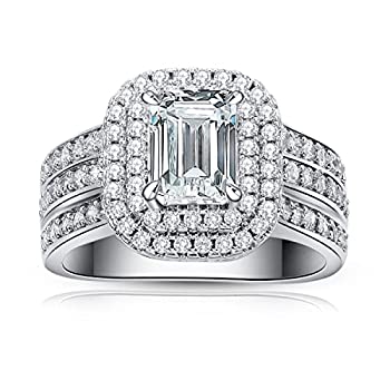 【中古】【輸入品・未使用】SHELOVES ヴィンテージ ダブルヘイロー 婚約指輪 結婚指輪 レディース エメラルド キュービックジルコニア 925スターリングシルバー ホワイト｜ムジカ＆フェリーチェ店