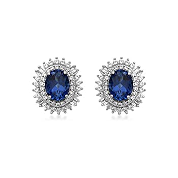 【中古】【輸入品・未使用】Jewelili スターリングシルバー 8x6mm オーバル人工セイロンサファイア バゲットとラウンド人工ホワイトサファイア ブルーミングイヤリング
