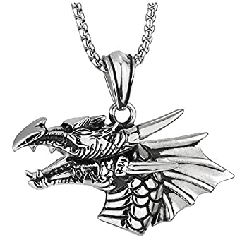 【中古】【輸入品・未使用】COOLSTEELANDBEYOND メンズ スチール ヴィンテージ 翼竜 ドラゴン ヘッド ホーン 牙 ペンダント ネックレス 30インチ ウィートチェーン付き