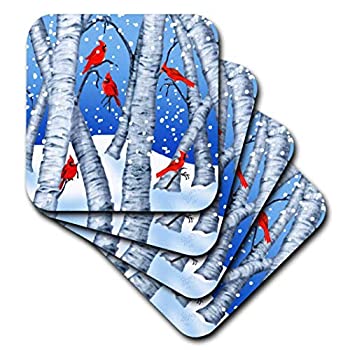 【中古】【輸入品・未使用】3drose Dream Essence designs-animals???デジタルアートCardinal Birds Sitting in Birch Trees in冬雪???コースター set-of-8-Soft cst_236302