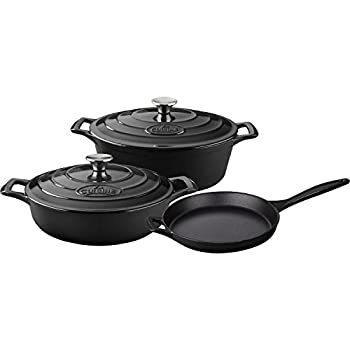 【中古】【インポート品・未当てはめる】La Cuisine 天下太平 エナメル鋳鉄 5個書き割り 労働者階級範囲 3.75クオート ソテー 6.75クオート 楕円面形 蓋付き添い人 10in フライパン 黒いこと