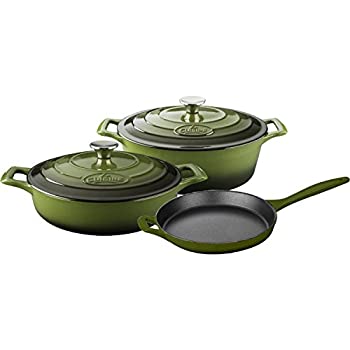 【中古】【インポート品・未当て嵌める】La Cuisine エナメル鋳鉄 5点書き割り 労働者階級領域 3.75QT ソテー6.75QT 楕円面形 蓋付き添い人 10in フライパン 緑であること オリーブ