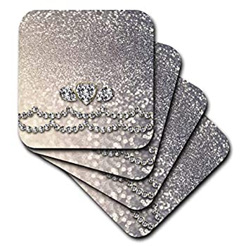 【中古】【輸入品・未使用】3drose Uta Naumann Faux Glitterパターン???Sparkling LuxuryダイヤモンドとハートシルバーFaux Glitter効果プリント???コースター set-of-8-So
