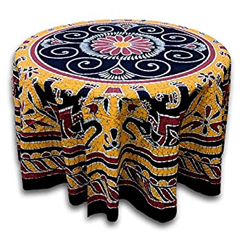 【中古】【輸入品・未使用】India Arts 象のバティックコットンテーブルクロス Round 90 inches ゴールド｜ムジカ＆フェリーチェ店
