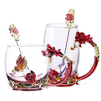 【中古】【輸入品・未使用】ティーカップ ガラス コーヒーマグ 誕生日ギフト スプーン付き 美しいバラの花 蝶 (ローズ2)