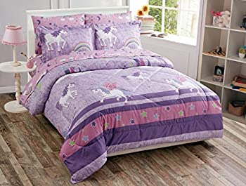 【中古】【輸入品・未使用】Better Home Style パープルピンクユニコーンプリント 楽しいデザイン 3ピース 掛け布団寝具セット 星と虹付き 女の子/子供/幼児用ベッドボック