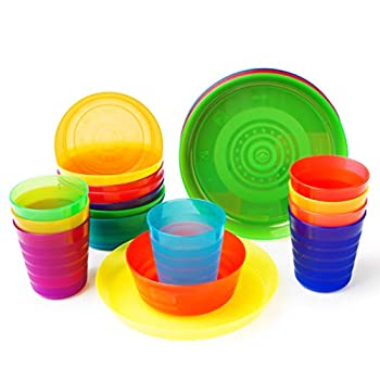 【中古】【輸入品・未使用】プラスチック食器セット 8人用 | 子供用食器セット キッズカップ キッズプレート 子供用ボウル レインボーカラー 屋内 キャンプ 再利用可能 電子|ムジカ&フェリーチェ店