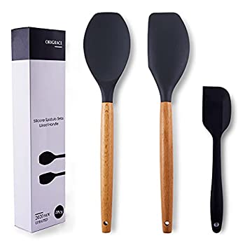 【中古】【インポート品・未当てはめる】耐熱シリコンスパチュラセット ノン突っ支い棒膳だて物の具用 木製ハンドルスパチュラ 薄墨色 ゴムスパチュラ 御厨子所 煮炊きお匙 膳だて物の具