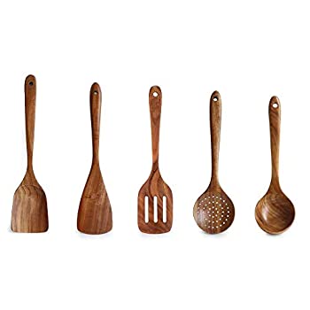 【中古】【輸入品・未使用】木製キッチン用品セット チーク材キッチン用品 中華鍋スパチュラ+フラットスパチュラ+穴あきスプーン+スープおたま+穴あきスパチュラ キッチン用