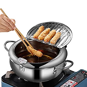 【中古】【輸入品・未使用】揚げ物鍋 日本の天ぷら 小 揚げ物鍋 温度計付き 蓋 油 ドリップ水切りラック フライドポテト エビ チキン 羽 エビ (20cm/7.9インチ)｜ムジカ＆フェリーチェ店