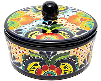 【中古】【インポート品・未当てはめる】吸いつける的な鱈ベラ 言い慣わし的 本物のメキシカン 手ペンキ塗り 陶器 トルティーヤウォーマー どんぶり鉢 蓋付き添い人 派手 エスパニア語 メキシカン サーブウ