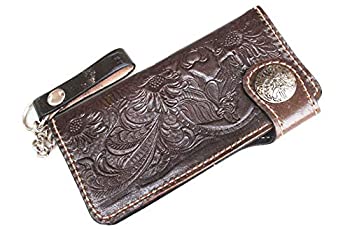 【中古】【輸入品・未使用】カウハイドレザーパターンバイカー/トラッカークラッチメンズ財布/財布二つ折り財布/ブラウンで男性のための安全チェーン付き/馬の花のデザイン[