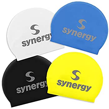 【中古】【輸入品・未使用】Synergy ラテックス スイムキャップ 4パック (ブラック/ブルー/ホワイト/イエロー 4パック)