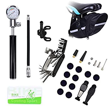 【中古】【輸入品・未使用】自転車タイヤ修理ツールキット ミニゲージハンドポンプ付き 210PSI自転車エアポンプフィット シュレーダープレスタ 16イン1マルチ自転車修理ツー