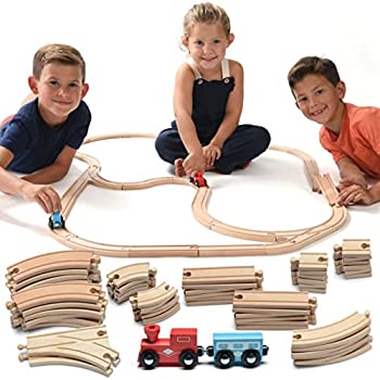 【中古】【輸入品・未使用】Wooden Train Tracks - 52 PCS Wooden Train Set + 2 Bonus Toy Trains - Train Sets For Kids - Car Train Toys Is Compatible With Thomas Woo