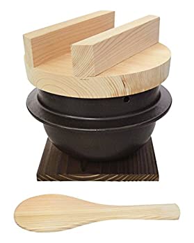 【中古-人並み外れたに似つかわしい】錫木%ｶﾝﾏ%萬古焼 羽釜 ごはん鍋 三合炊き (しゃもじ・一枚板・飾り気の無い処方せん付) 黒 6000-4033