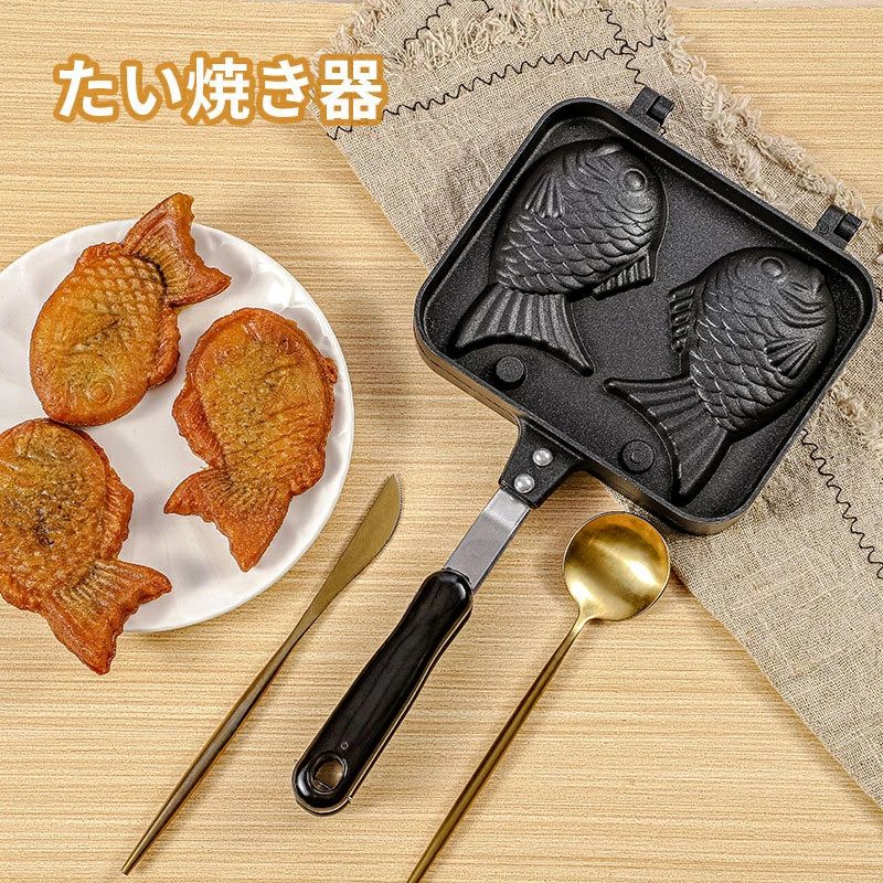 【P20制限事項】たい焼き器 たい焼き製造業者 フライパン 鯛焼き物の具 ふっ素産業 直火式 和菓子用物の具 軽銀アロイ製 ふっ素産業 非へばり着く キャス