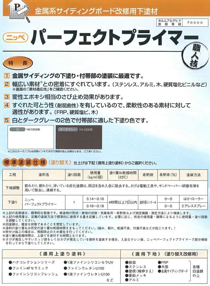 送料無料 塗料缶 ペンキ 塗装用品 Diy 工具 金属系サイディングボード改修用下塗り材 日本ペイント ニッペ パーフェクトプライマー 各色15kgセット ペイントライフ店