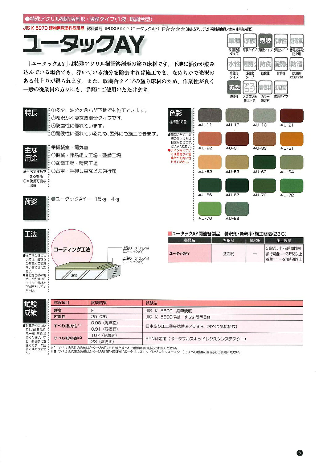 【送料無料】日本特殊塗料ユータックAＹ標準色　15kg｜ペイントライフ店