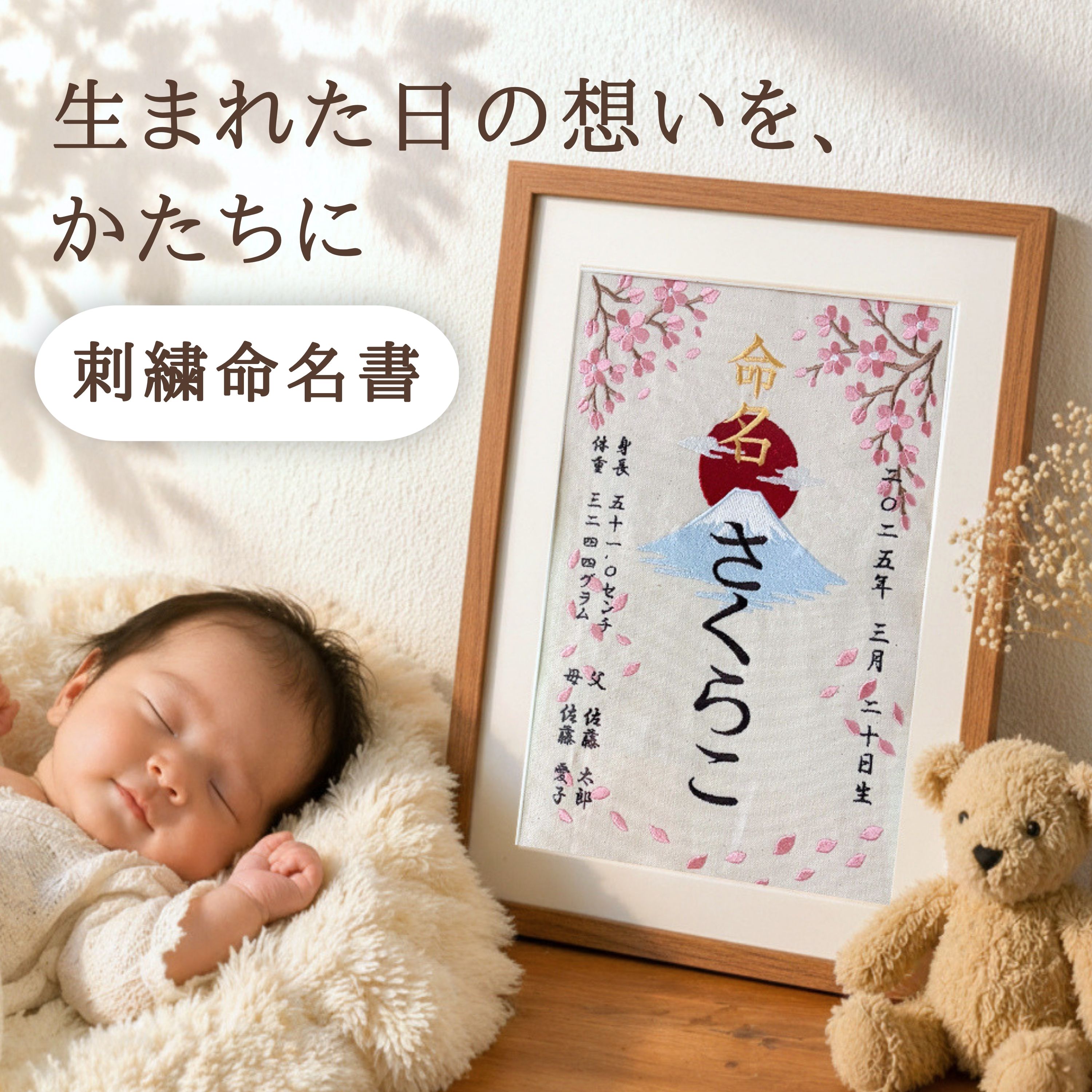 ＼ 2000円OFFクーポン券★ 6/7~6/8 ／【刺しゅう 名づける書 ひな形付き添い人】 名づける紙 写真立て 和風 桜 富士山 名入れ 購入注文御手伝いさん 生み出すこと祝賀会 内祝い お七夜 赤んぼう 御坊っちゃん うしろ帯 もの言う花メモリアル 生まれ落ちる書きとどめる 差し上げ物 室内装飾
