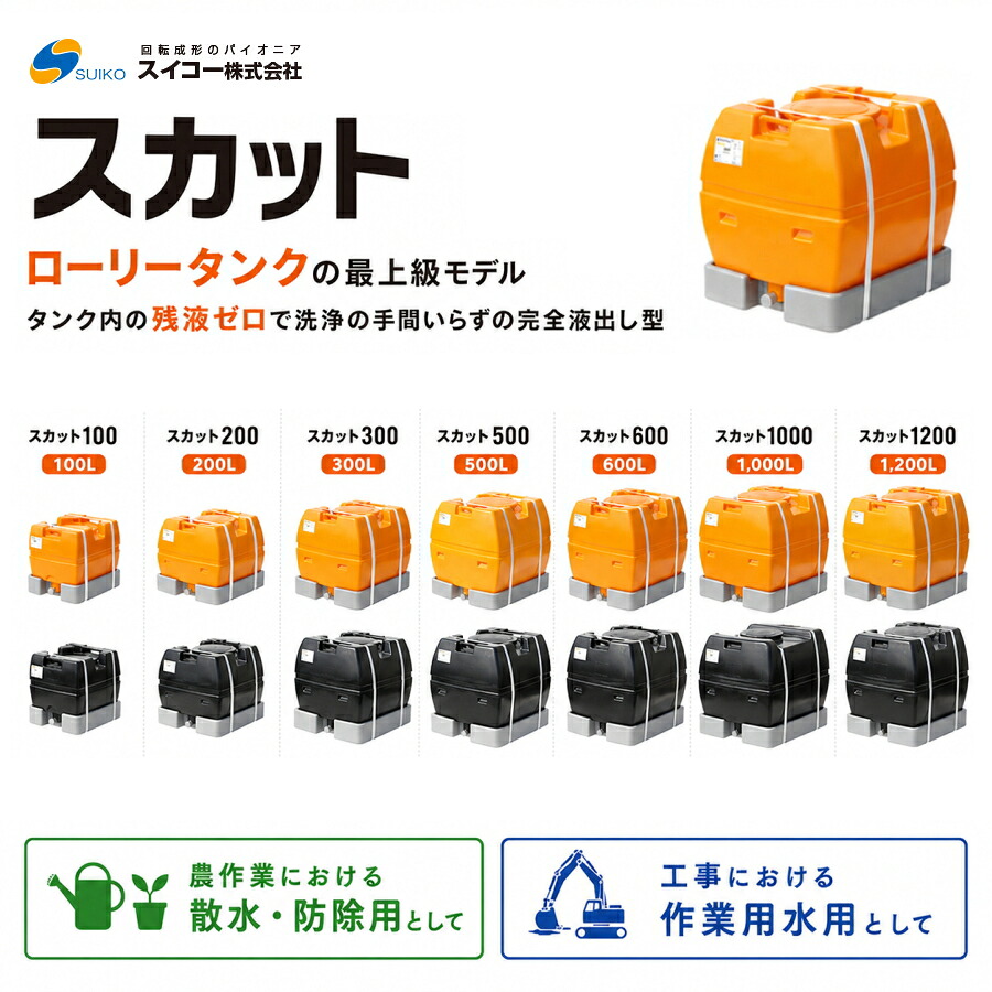 スイコー SUIKO スカット ローリータンク 100L 200L 300L 500L 600L 1000L 1200L 完全液出し型 ポリエチレン 液体運搬 農業 散水 防除 工事 作業用水｜安丸建材店MULHANDZ