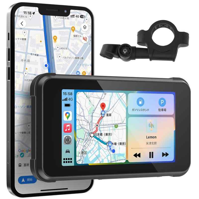 最新バイク用モニター・Carplay/Android Auto対応 バイクスマートモニター 5インチ大画面 飛散防止強化IPS液晶タッチスクリーン バイクナビ スマホ連携 ワイヤレス 輝度調整 IPX65防水防
