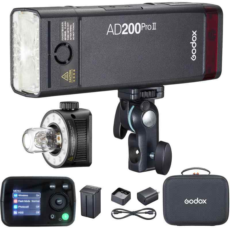 AD200Pro II カメラフラッシュ TTL H 1/8000s アップグレードされたフラッシュヘッド デュアル色温度モデリングライト 200Ws 1/1-1/256の出力調整 リチウム電池付き|どしろショップ
