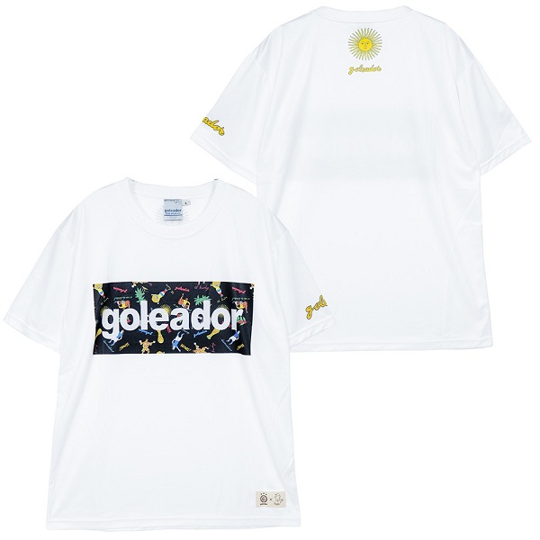GM022【GOL2025SS】 Goleador x MORI Artworks コラボ フットボールレジェンド柄 ボックスロゴ プラTシャツ ホワイト 【ゴレアドール/フットサル/サッカー】ネコポス対応可能