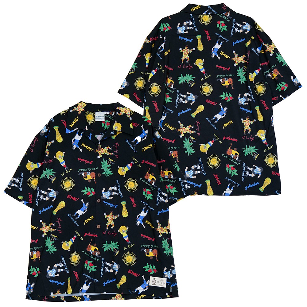 GM020【GOL2025SS】 Goleador x MORI Artworks コラボ フットボールレジェンド柄 アロハシャツ ブラック 【ゴレアドール/フットサル/サッカー】ネコポス対応可能