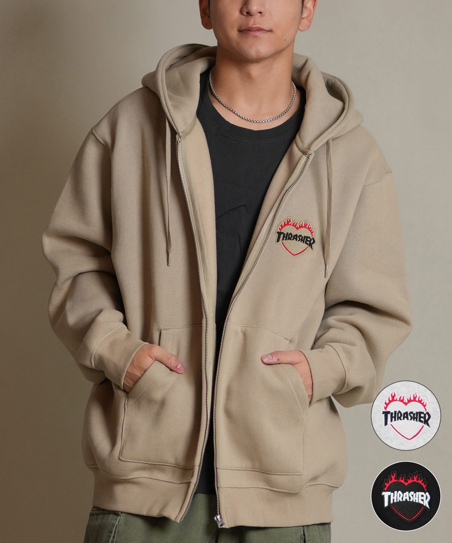 THRASHER スラッシャー ジップアップ パーカー メンズ 汗水 フーディー ロゴタイプ ワンポイント 裏起毛 254TH1PK065