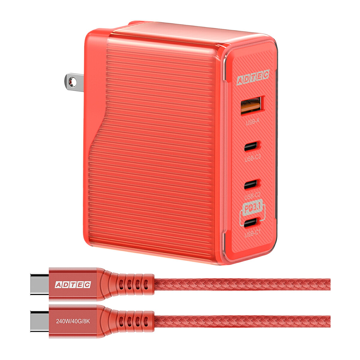 ADTEC アドテック Type-Cケーブル付き 合計150W PD3.1 単独140W PD充電器 APD-V150AC3-RD-CU4G3 レッド