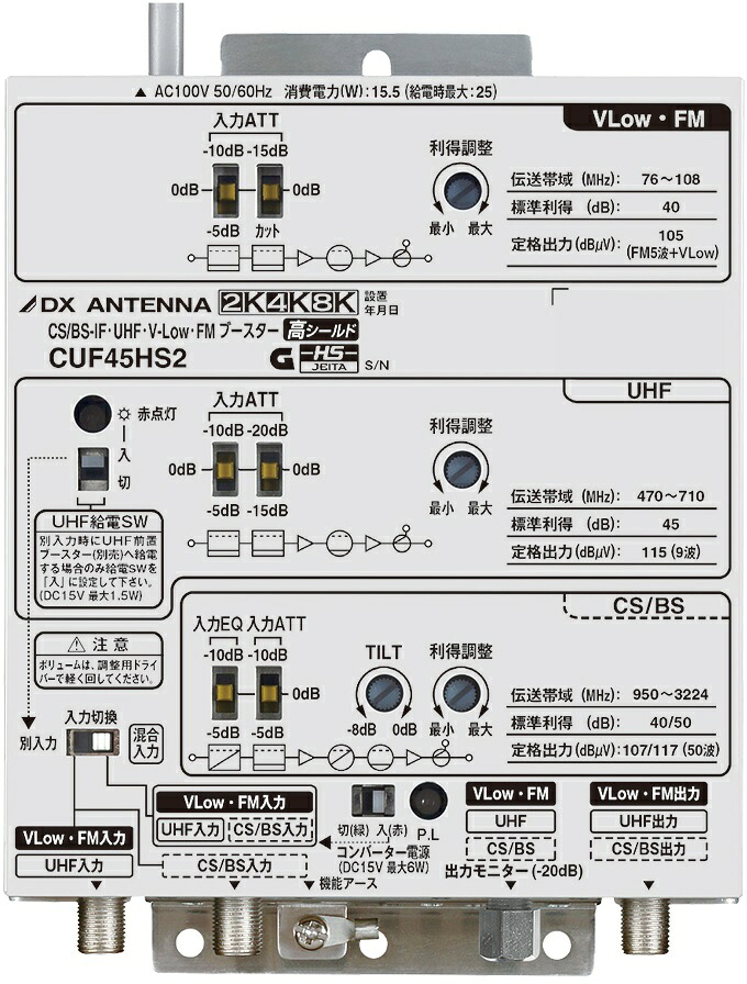 DXアンテナ CS/BS-IF・UHF・V-Low・FMブースター(高出力形) CUF45HS2