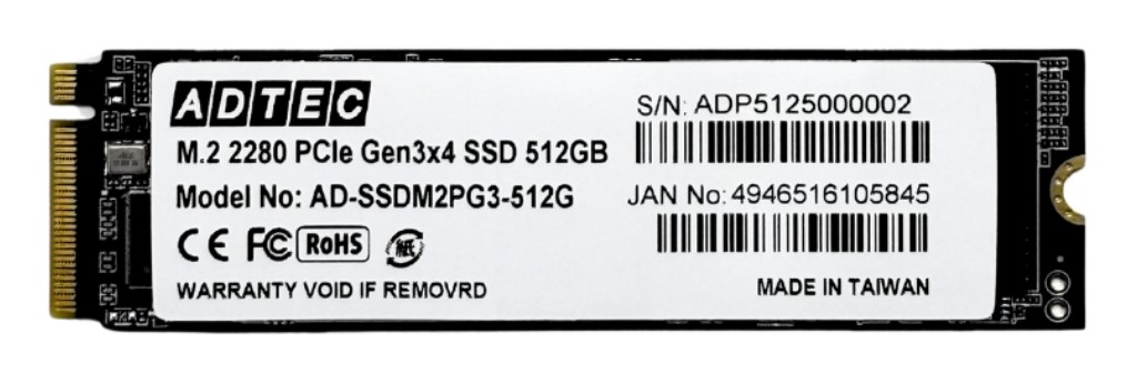 ADTEC アドテック AD-SSDM2PG3-512G 3D NAND PC内蔵用M.2 Gen3x4 SSD M.2 NVMe PCIe Gen3x4(2280)AD-SSDM2PG3 512GB