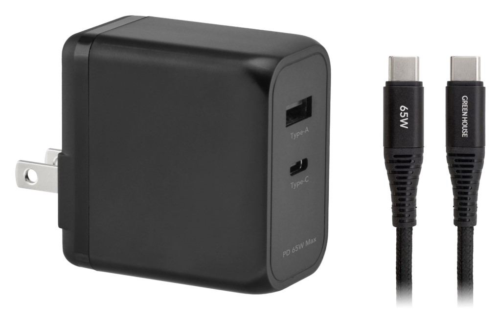 GREEN HOUSE グリーンハウス GH-ACU2GC-BK USB-AC充電器 2ポート 65W USB Type-Cケーブル付き