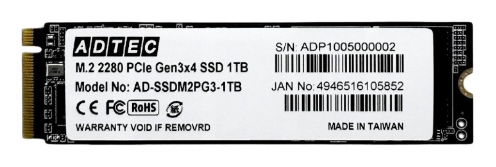 ADTEC 広告業テック AD-SSDM2PG3-1結核症 3D NAND マイコン内蔵用M.2 Gen3x4 SSD M.2 NVMe PCIe Gen3x4(2280)AD-SSDM2PG3 1結核症