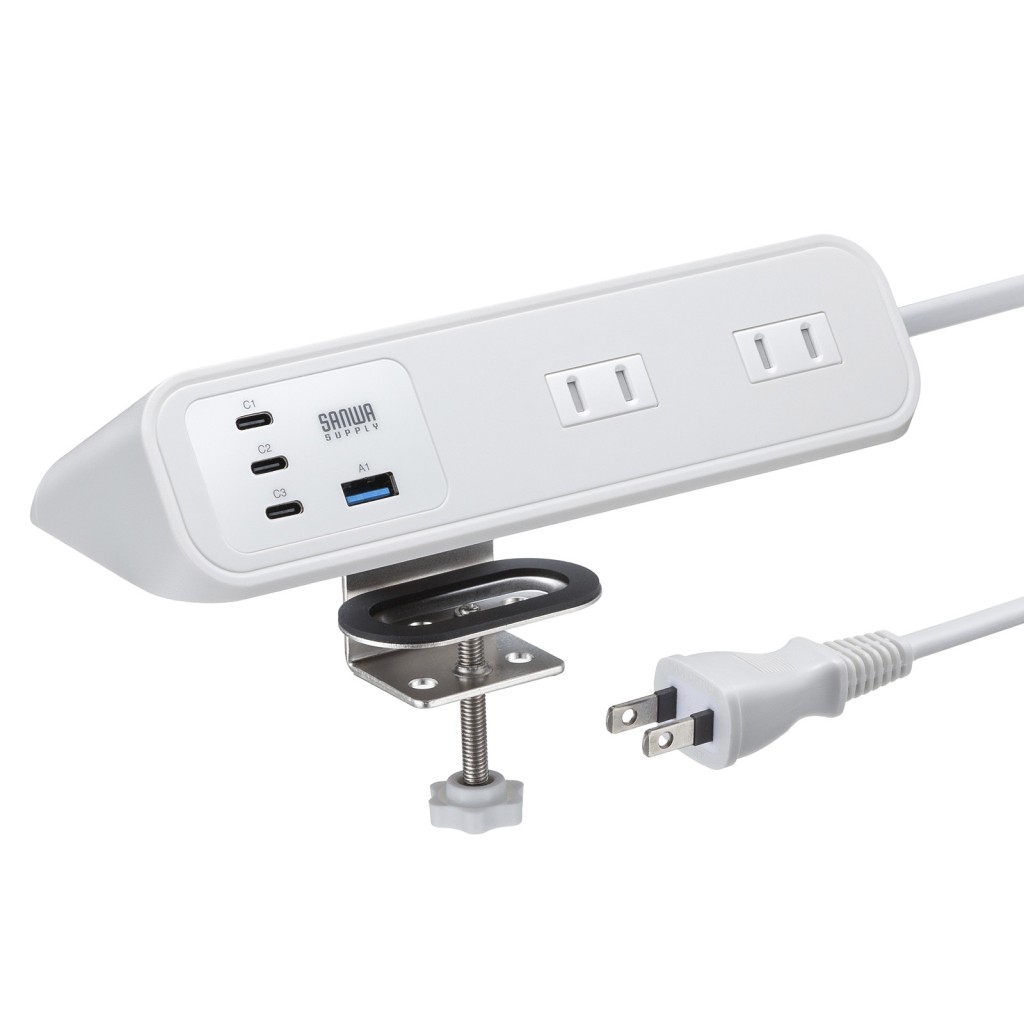 SANWA SUPPLY サンワサプライ TAP-B114UC-2W タップ クランプ固定式 ACx4/USB-Cx3/USB-Ax1 PD65W ホワイト デスクに固定 ホコリシャッタ