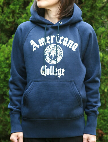 (アメリカーナ)AMERICANA COLLEGE パーカー(ネイビー)送料無料レディースパーカー フード付き スウェット 裏起毛ノーマル丈 ロゴプリント M/Lサイズ|スチームボート(アメリカーナ)