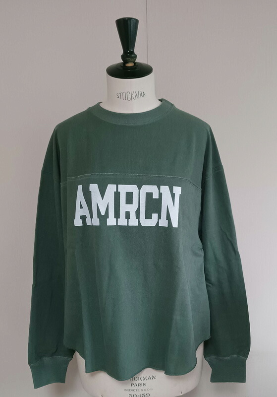 （アメリカーナ） AMRCNクルー（グリーン）送料無料 レディース　ノーマル丈　フリーサイズ　裏パイル　ダメージ加工プリント