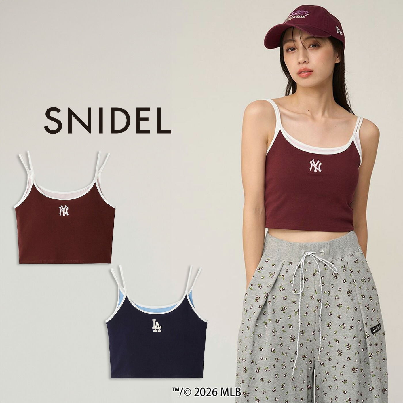 スナイデル SNIDEL MLB レイヤードカップイントップス swct261090 レディース コラボ ヤンキース ドジャース キャミソール ショート丈 2026春 セレクトショップムー