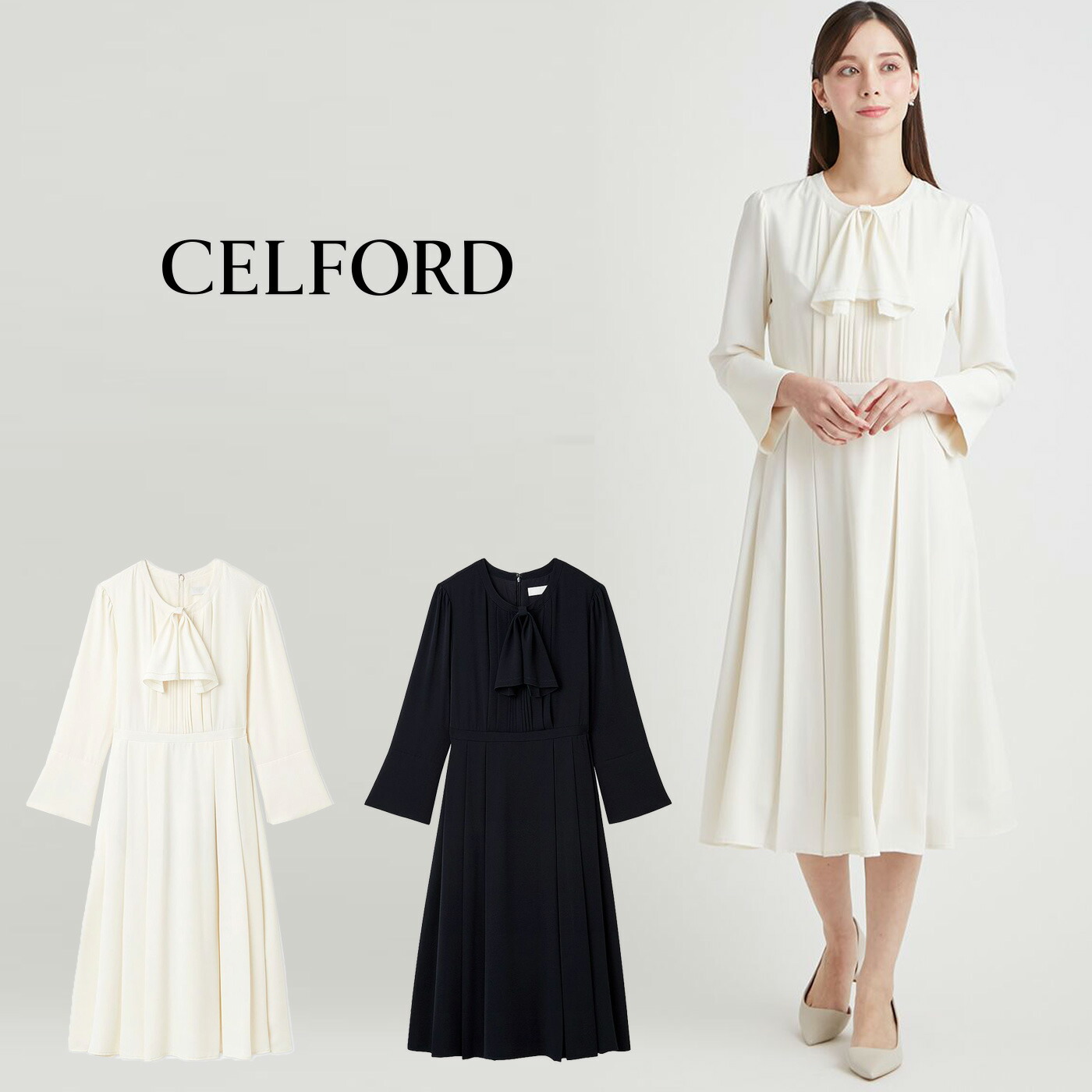 楽天市場】セルフォード CELFORD ピコ刺繍ボウタイワンピース