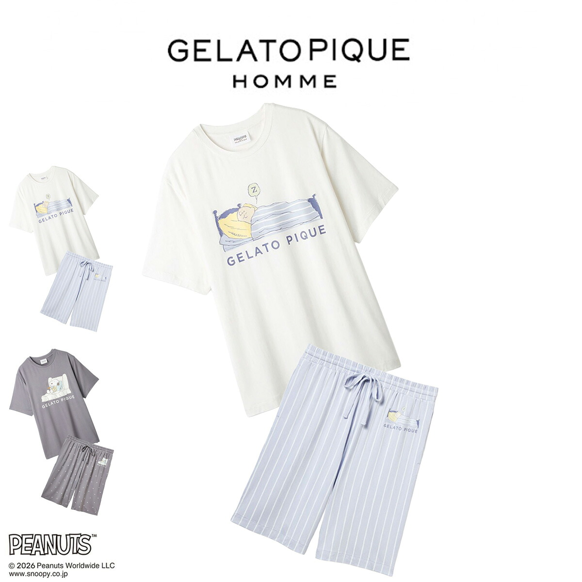 ジェラートピケ オム PEANUTS 接触冷感Tシャツ&ハーフパンツセット