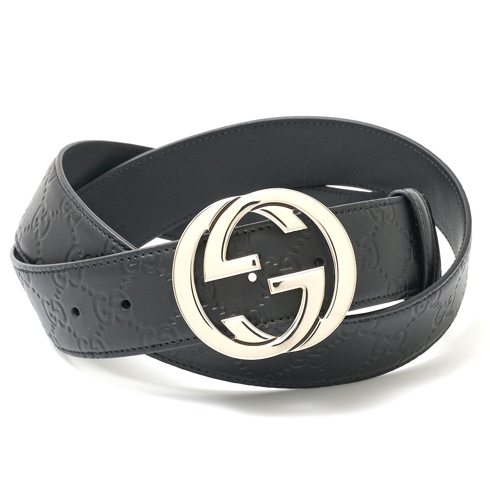 GUCCI GG ブラックレザー ベルト 85/34 リバーシブル レザー ベルト（インターロッキングG バックル